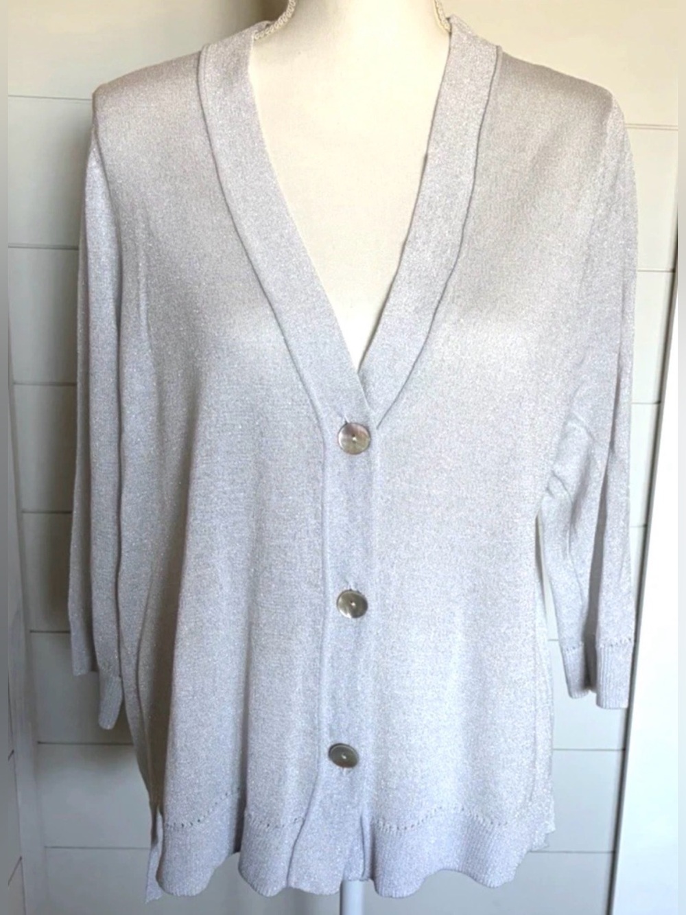 Chicos Cardigan Sweater Silver Shimmer 3 Button Front 3/4 Sleeve Sz 2 L Large